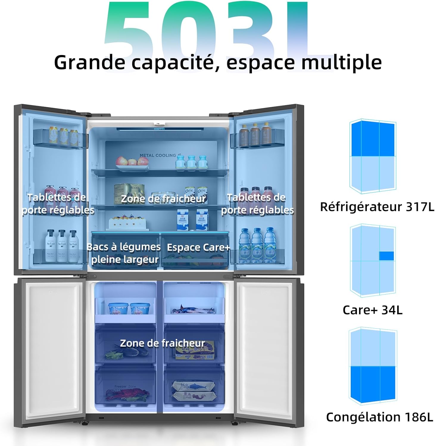 CHIQ - américain multi-portes 503L - Inverter, No Frost, tactile, 177,5x85,3x69,8cm - CCD503NEIBE