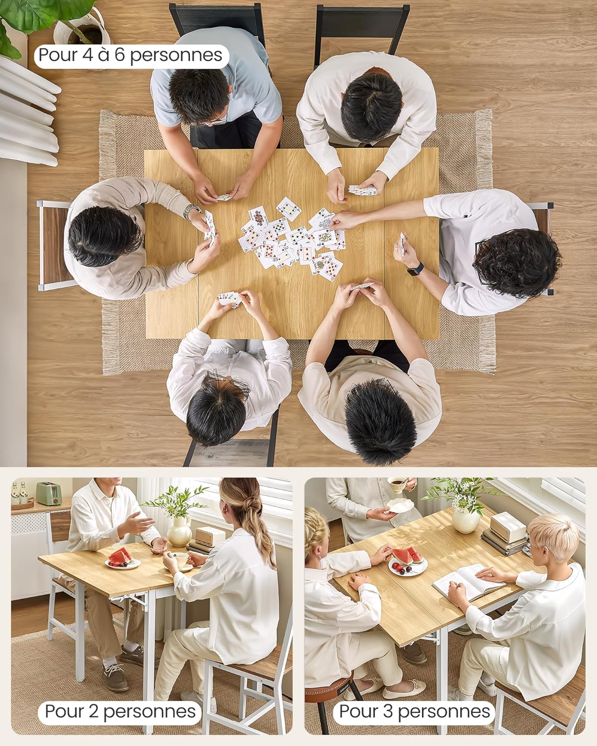 VASAGLE - Table pliante extensible 2-4 pers, chêne/blanc, rectangulaire, petits espaces, KDT077Y01