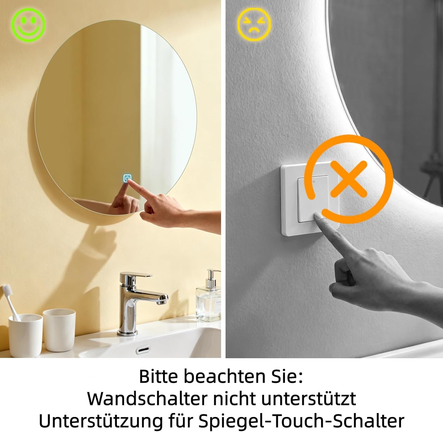 Miroir Salle de Bain - LED Rond 50cm - 3 couleurs, dimmable, tactile