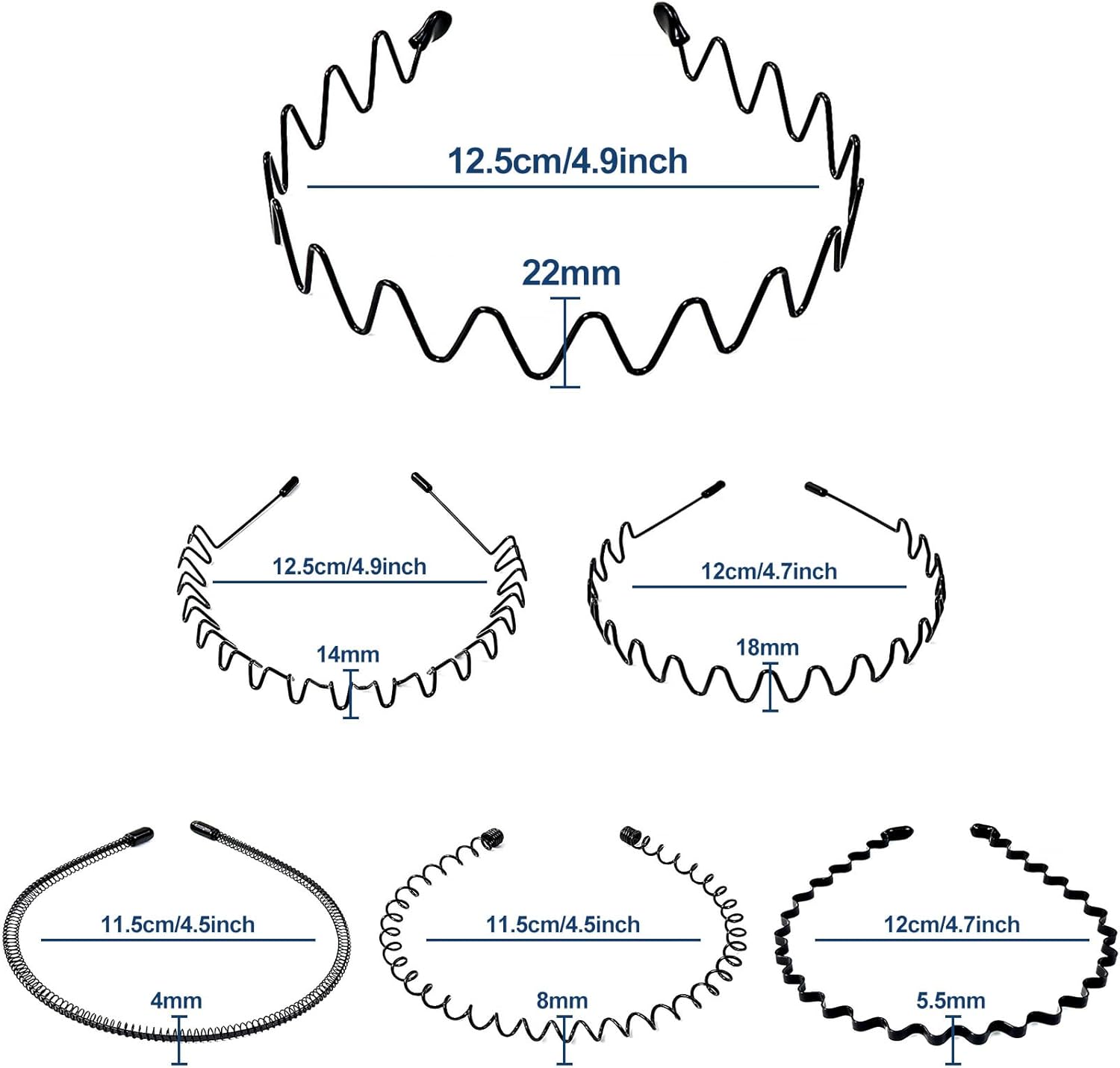 Serre-tête homme - lot de 6 - métal ondulé, élastique, antidérapant, sport