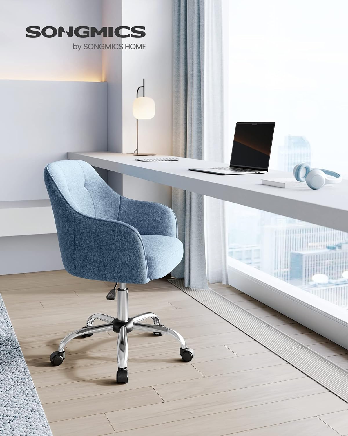 SONGMICS - fauteuil de bureau ergonomique, cadre acier, tissu coton-lin, bleu, réglable, 110kg - OBG019Q01