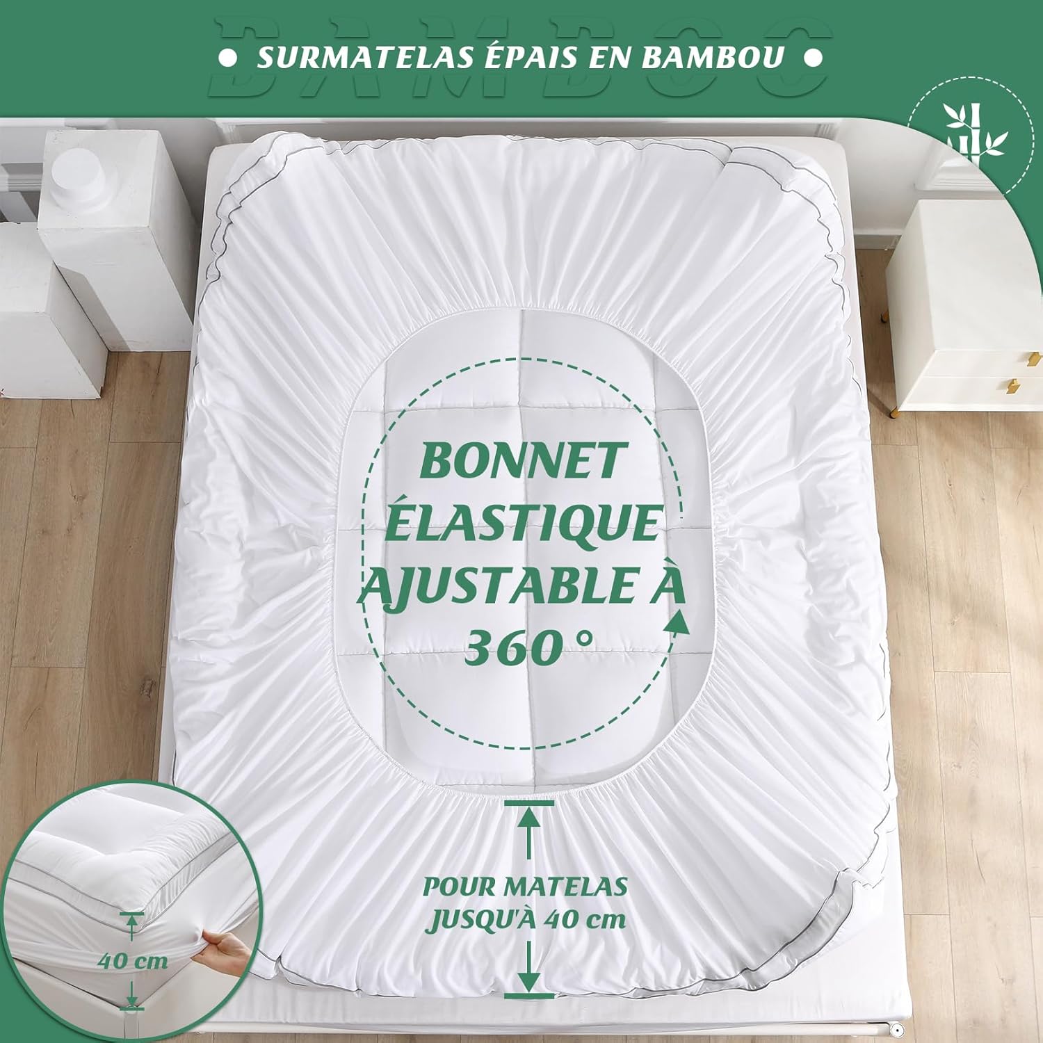 GRT - surmatelas confort bambou 160x190 cm, épaisseur 6 cm, ultra-doux