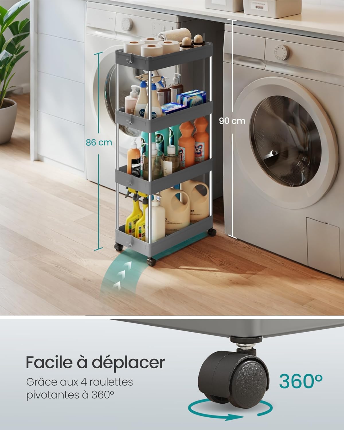 SONGMICS - chariot cuisine 4 niveaux - 23,6x42x86cm - acier, 6 crochets KSC010G01