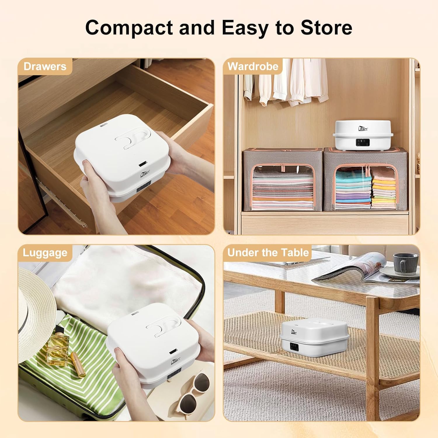 Uten - Mini Séchoir 600 W - Compact - Séchage rapide, minuterie, arrêt auto