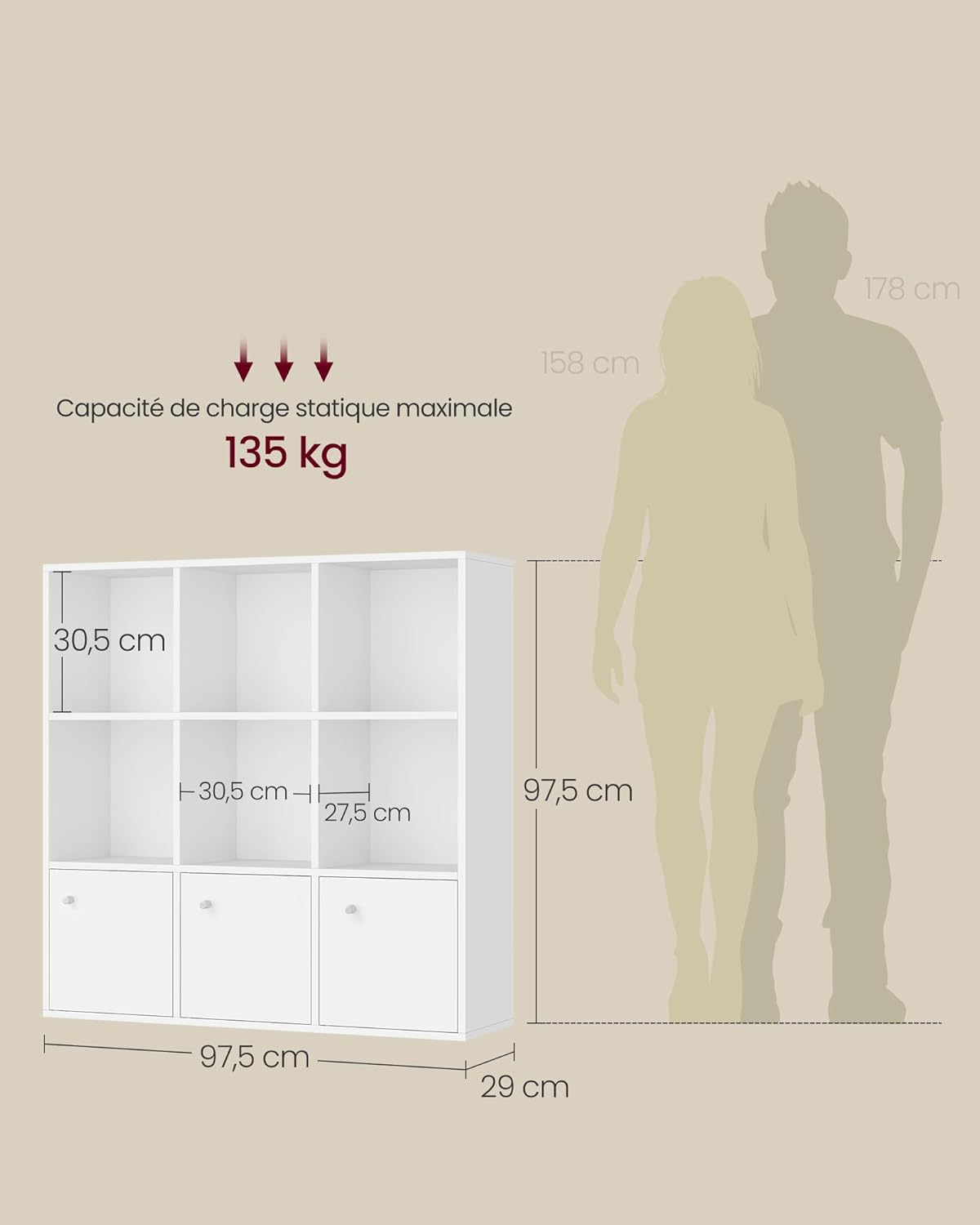 VASAGLE - bibliothèque 3 niveaux, 3 placards, 29x97,5x97,5cm LBC33WT