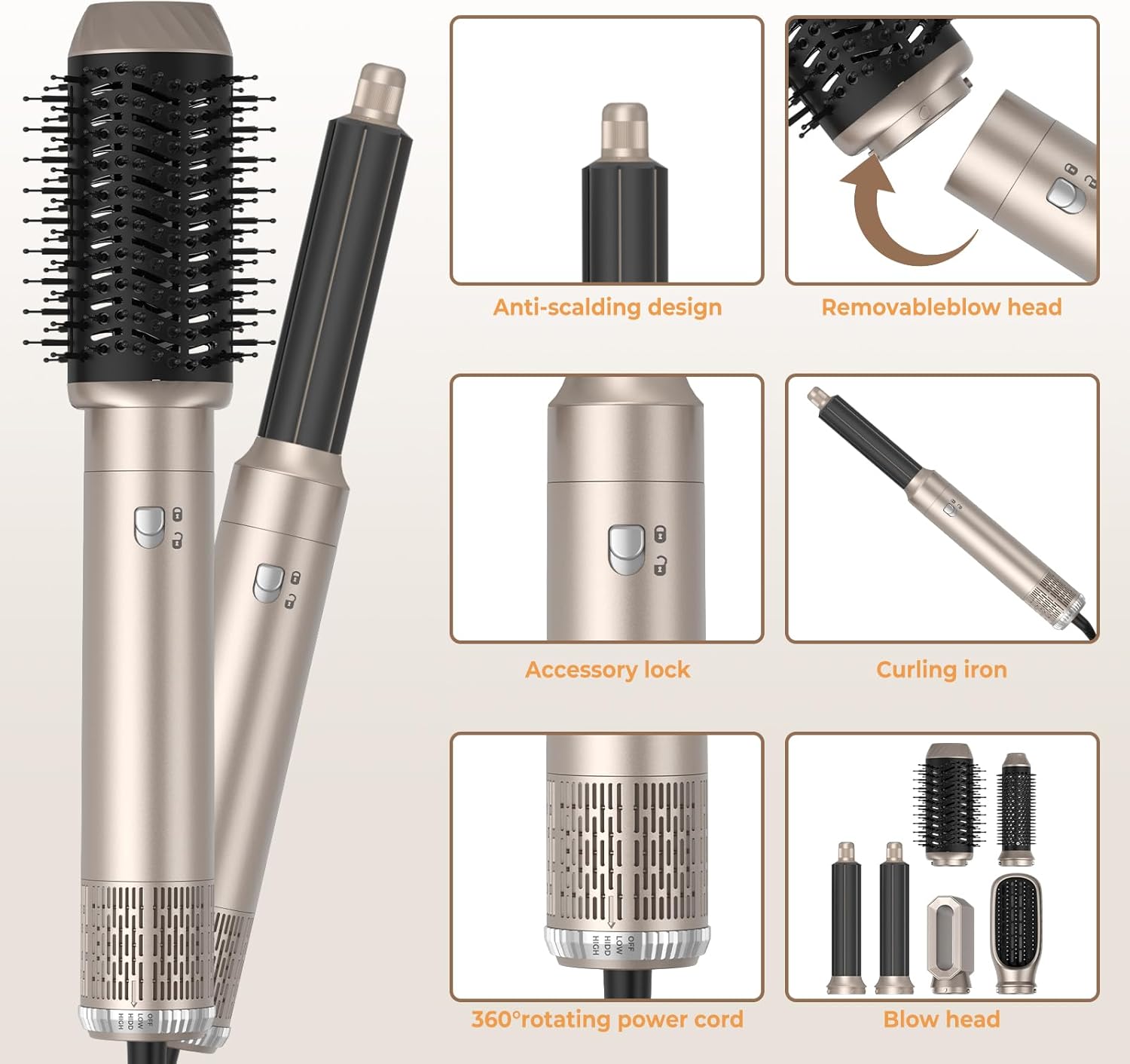 Mogawave - Air Styler 6 en 1 - 1000W - 3 températures, sèche, boucle, lisse