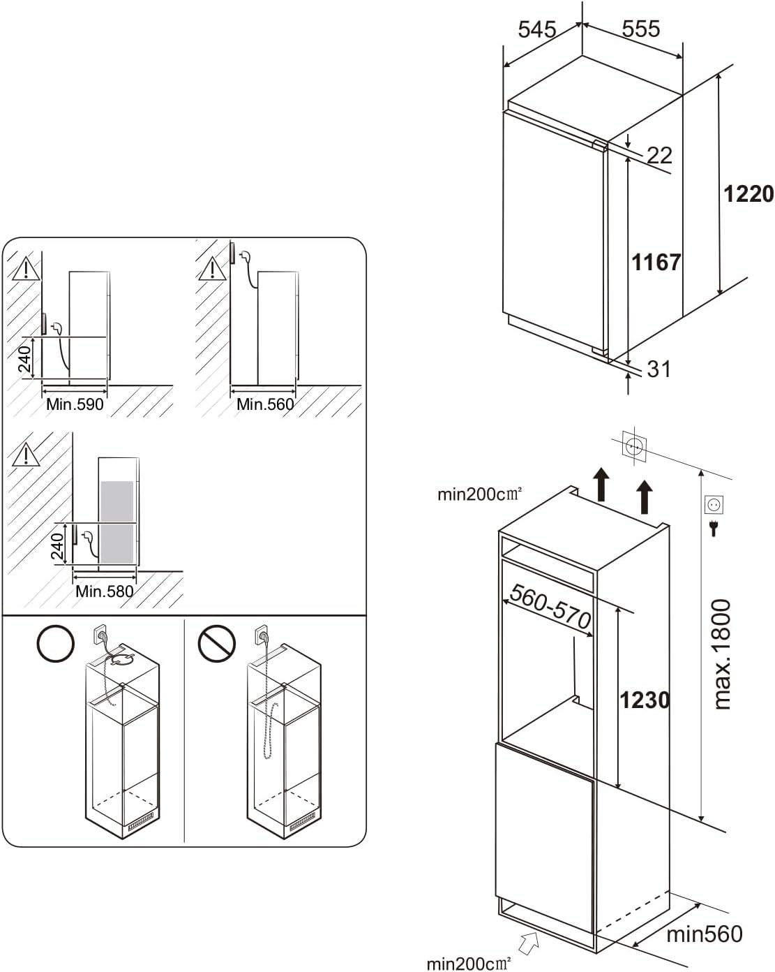 magictec - Réfrigérateur encastrable 188L, niche 122cm, congélateur, poignées interchangeables