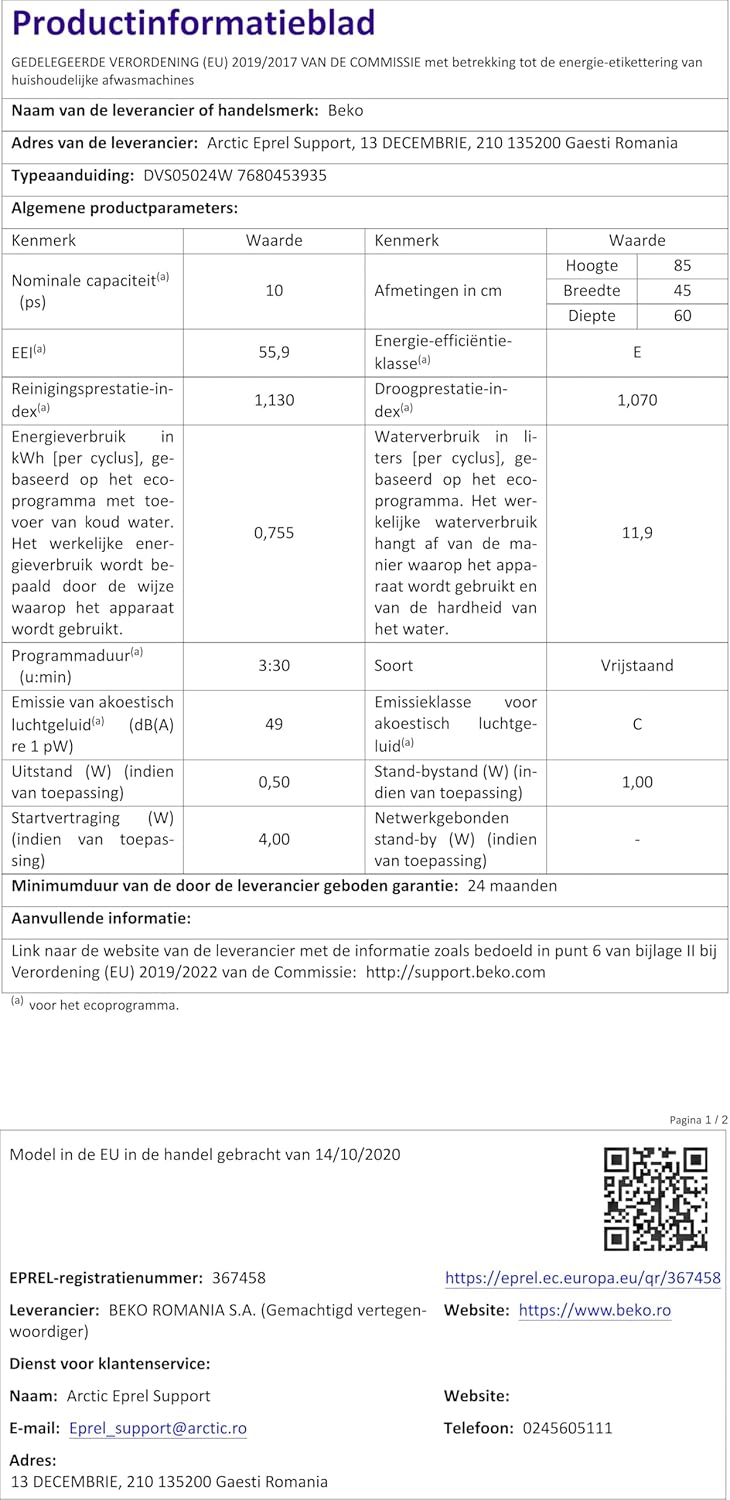 Beko - lave-vaisselle 10 couverts compact 45cm, autoportant - DVS05024W