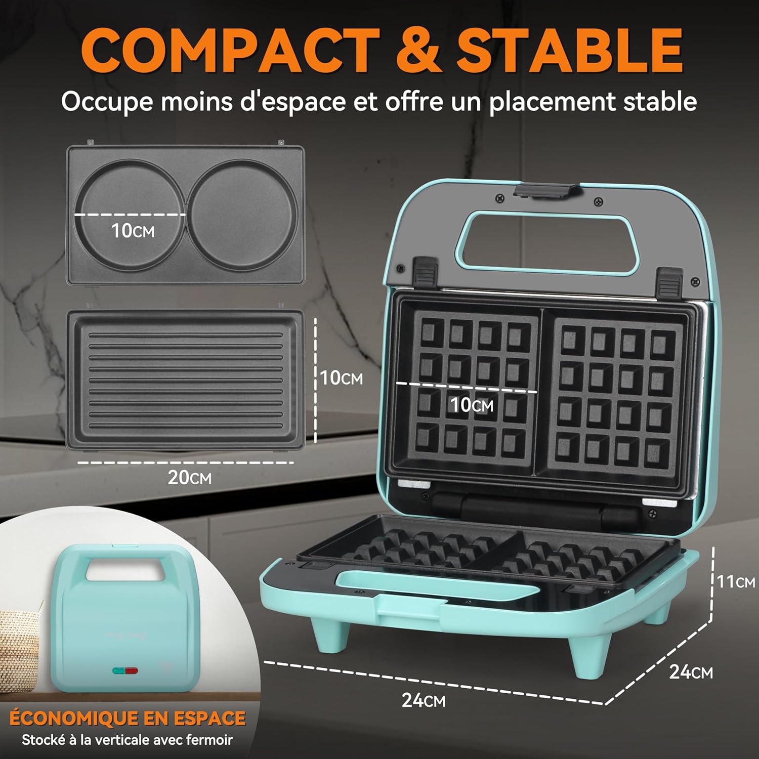 Baker's Friend - gaufrier 3 en 1, plaques amovibles, inox, aqua, antiadhésif