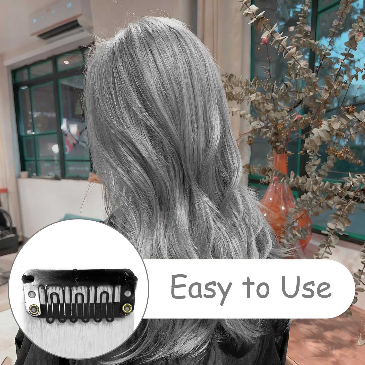 Extensions à clip cheveux - 22 pouces - 10 pièces, coloris gris, lisses