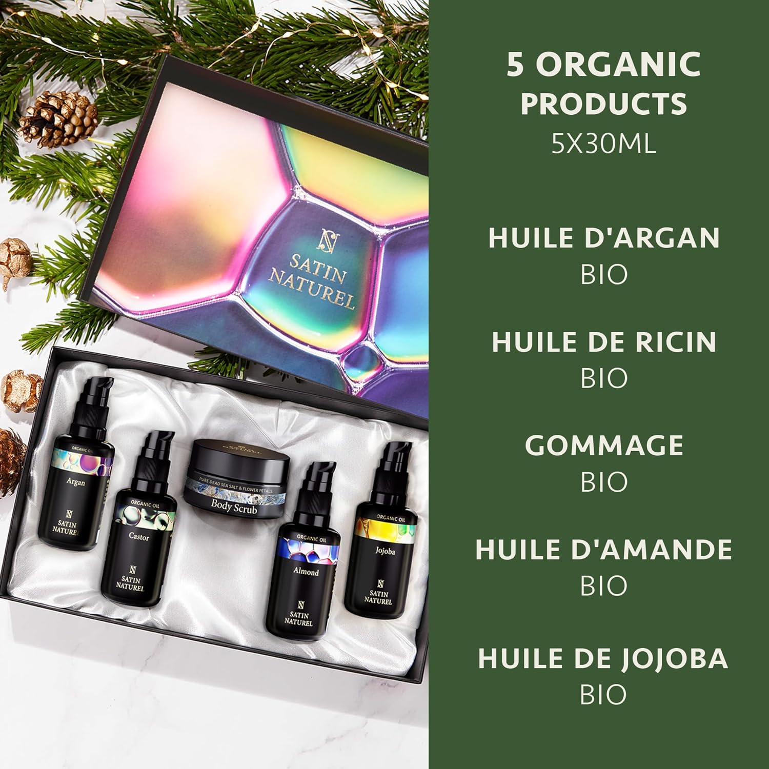 Satin Naturel – Coffret Beauté 5x30ml – Huiles naturelles et gommage corps