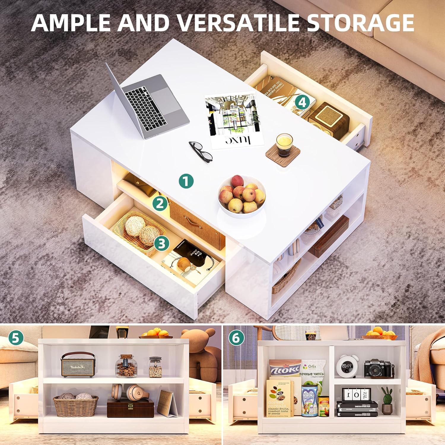 YITAHOME - table basse LED 16 couleurs, 95x55x37 cm, 2 tiroirs