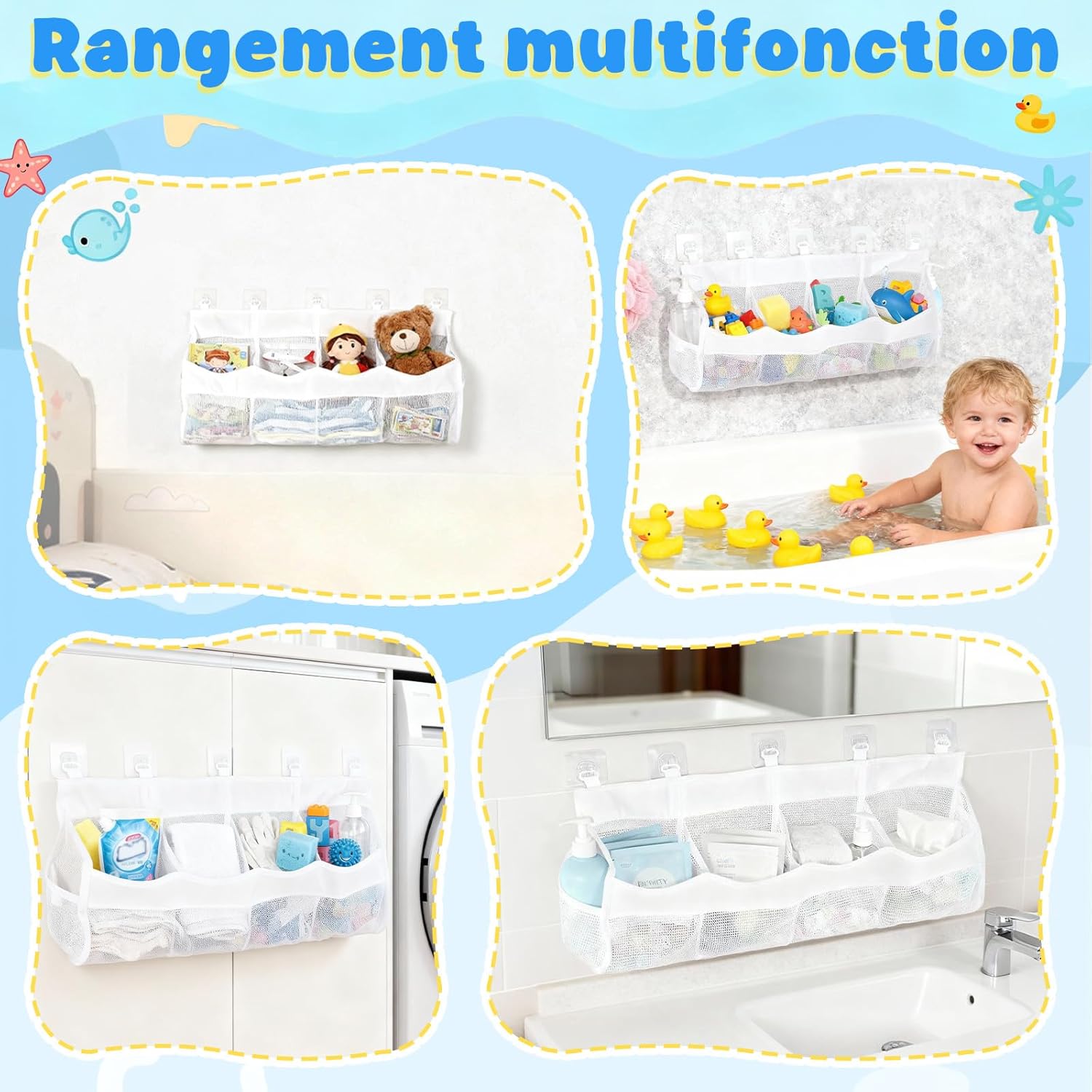 Rangement jouet bain - 4 compartiments filet suspendu - blanc, gain de place
