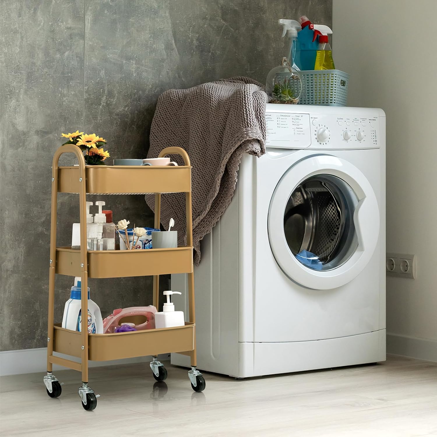 DOEWORKS - Chariot de rangement 3 niveaux, métal doré, roulant, compact