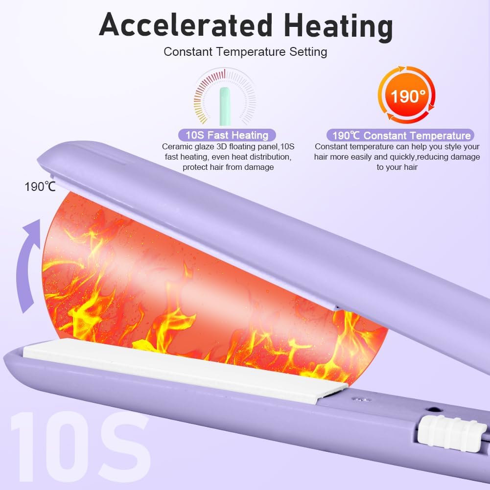 LOPHE - Mini fer à lisser 2 en 1, 110-220V, chauffe rapide 10s, violet