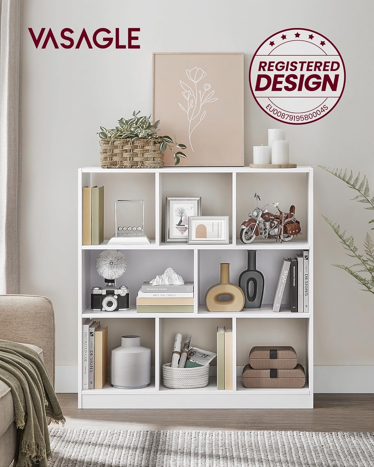 VASAGLE Bibliothèque, étagère, 8 Compartiments Ouverts, Horizontale, latérale ou Gauche, 30 x 97,5 x 100 cm, pour Salon, Bureau, Blanc LBC52WT