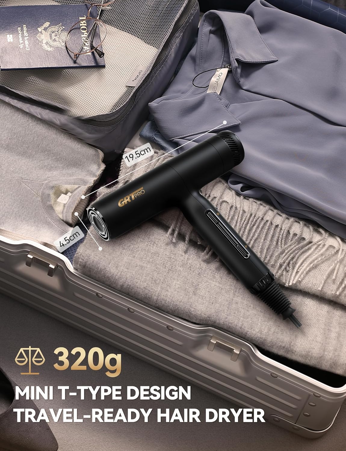 Sèche-cheveux professionnel - 2200W, ions négatifs, 4 températures, 3 vitesses, 320g, 100,000RPM