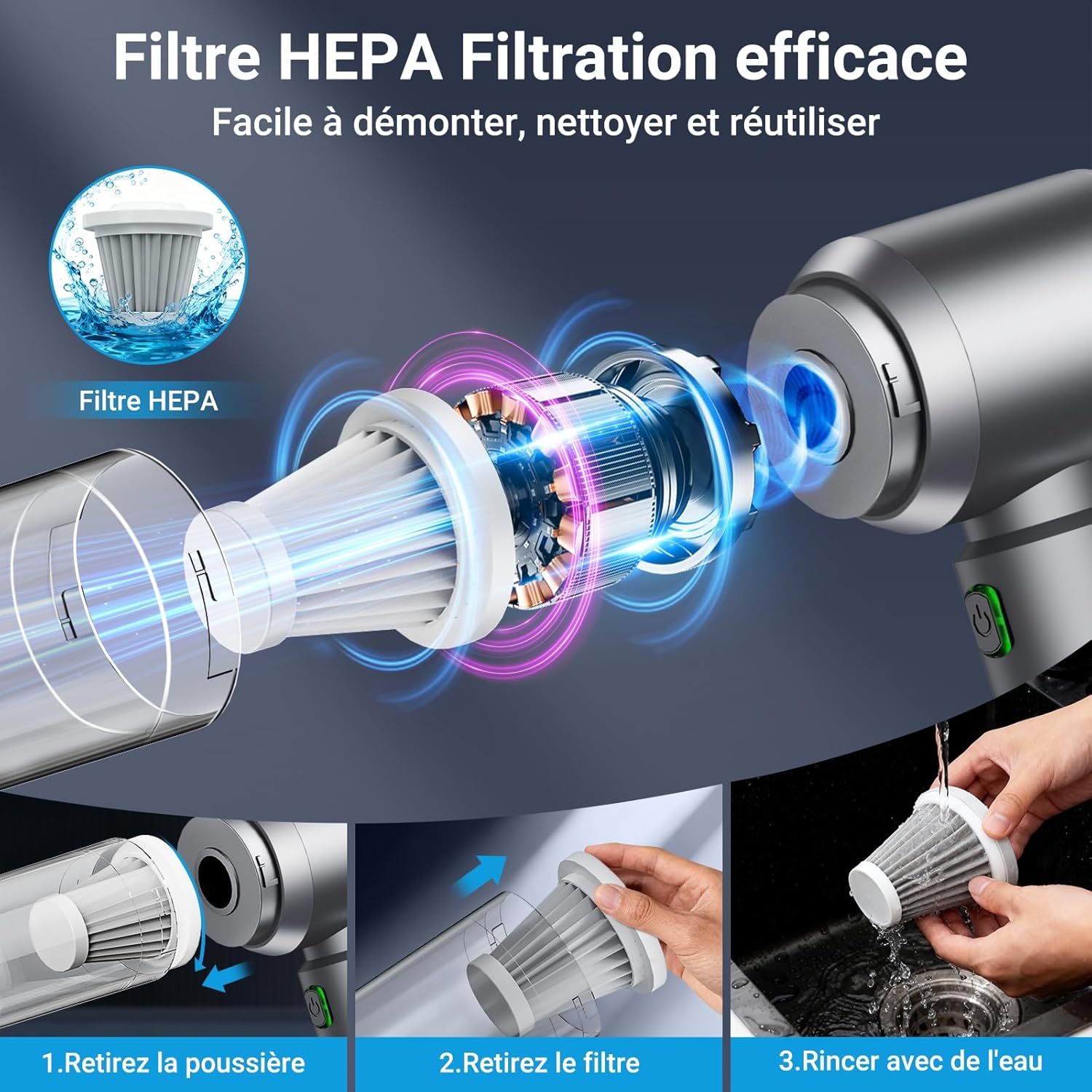 Aspirateur à main - sans fil - 26000Pa - 3 vitesses, moteur sans brosse