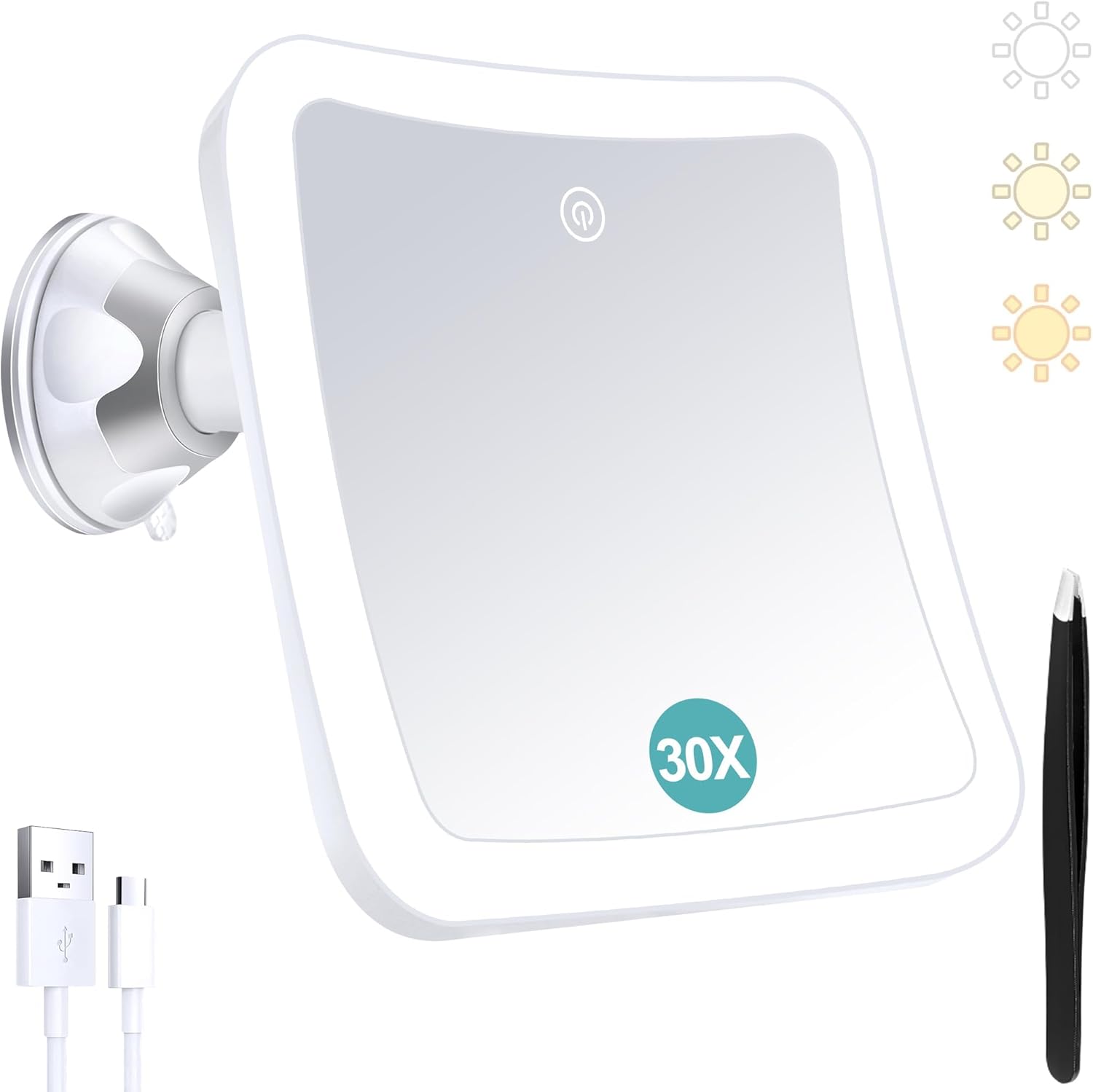 Miroir grossissant - carré 30x - lumineux, tactile, ventouse, rechargeable, rotation 360°