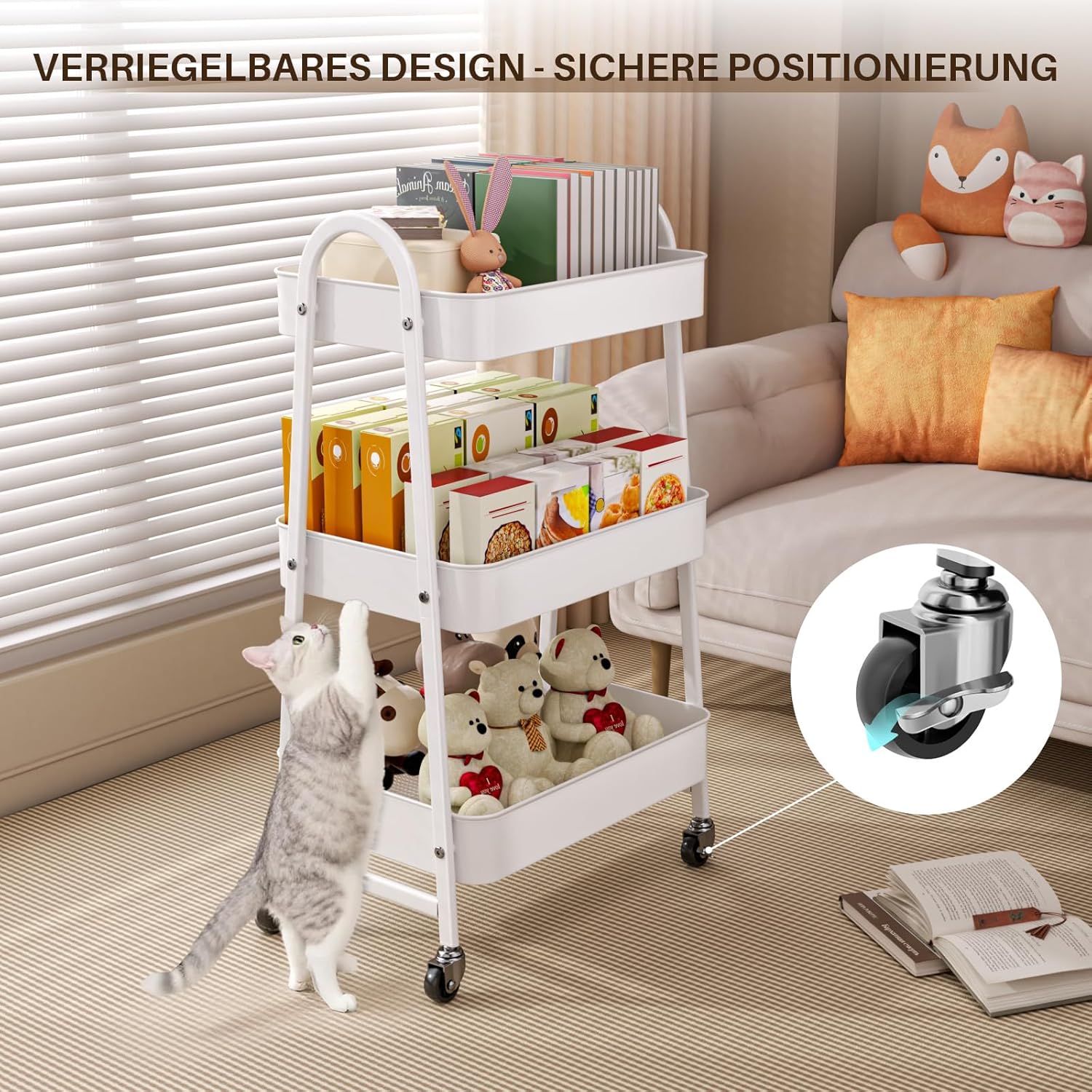 Chariot mobile 3 niveaux - métal, roulettes, 2 freins - blanc