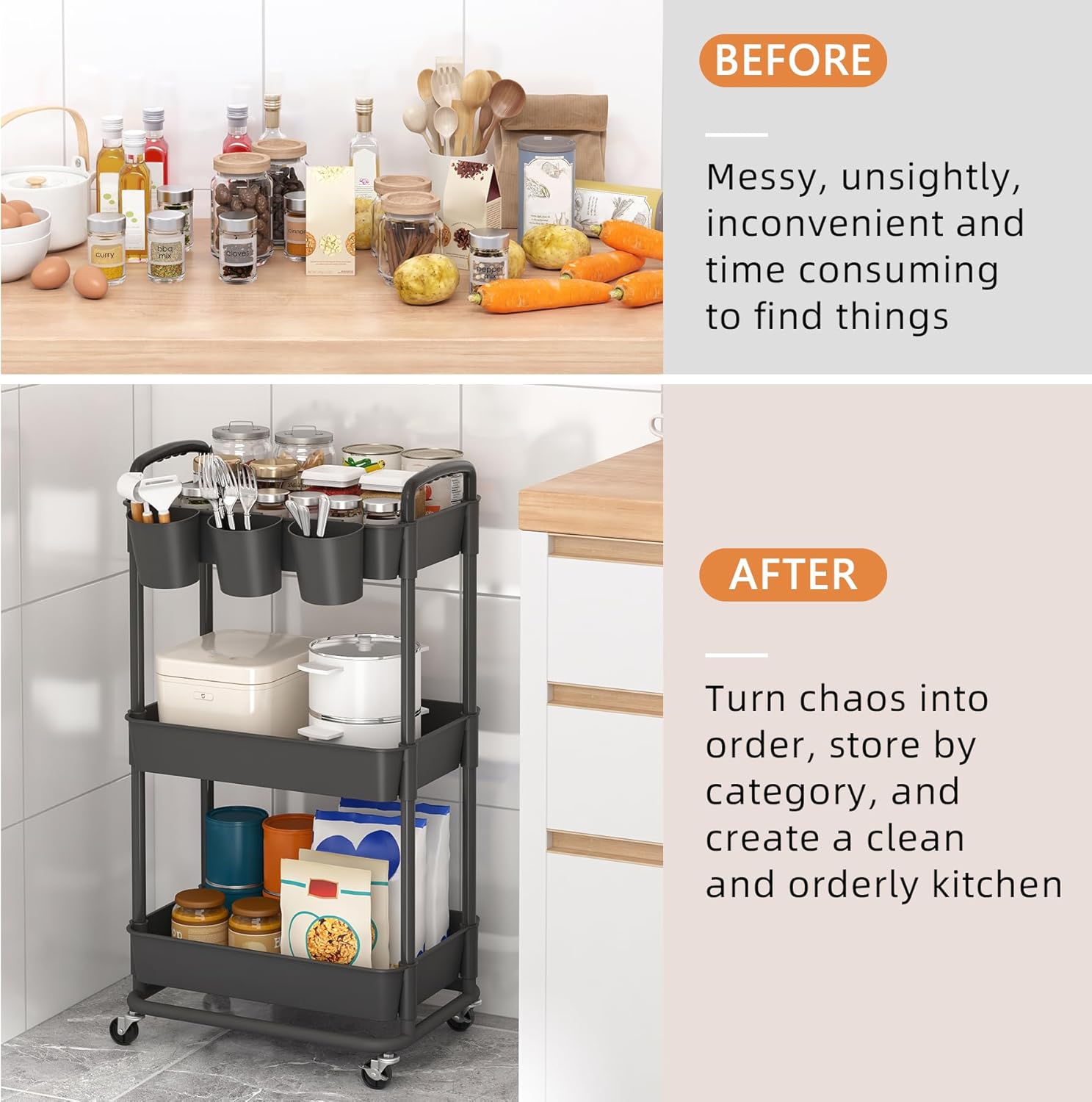 JIUYOTREE - Chariot 3 niveaux, roulettes verrouillables, poignées, gobelets, 79x42x36cm
