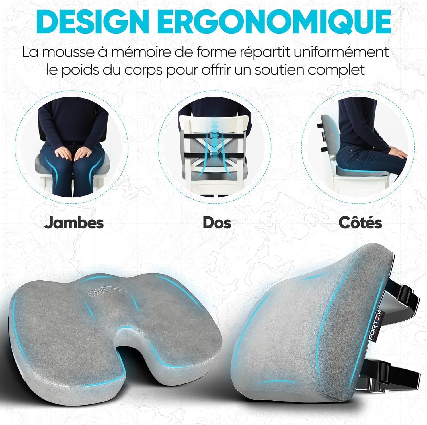 FORTEM - coussin lombaire/assise mémoire forme - soutien dos - antidérapant