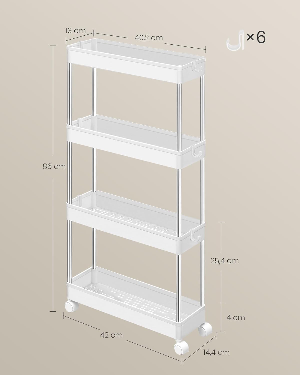 SONGMICS - chariot cuisine 4 niveaux, acier, crochets, 14,4x42x86cm, KSC08WT