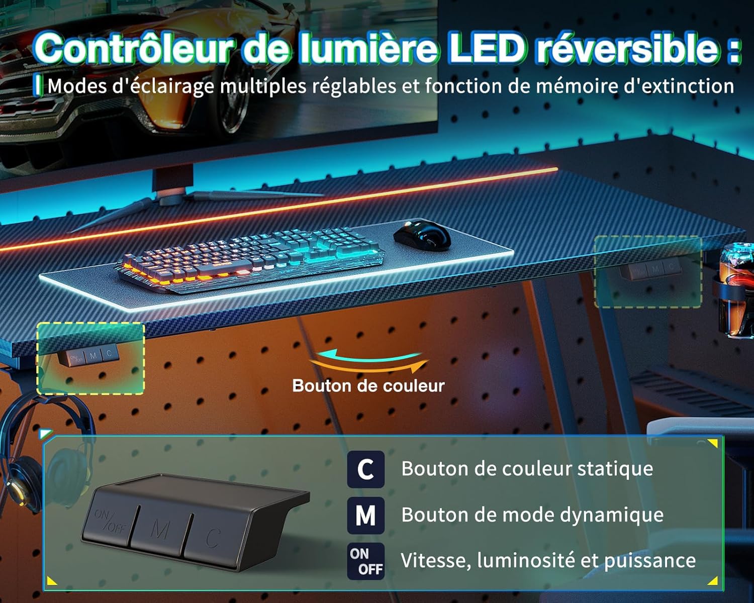 ODK - Bureau Gaming - 80x50 cm - LED, porte-gobelet, crochet casque