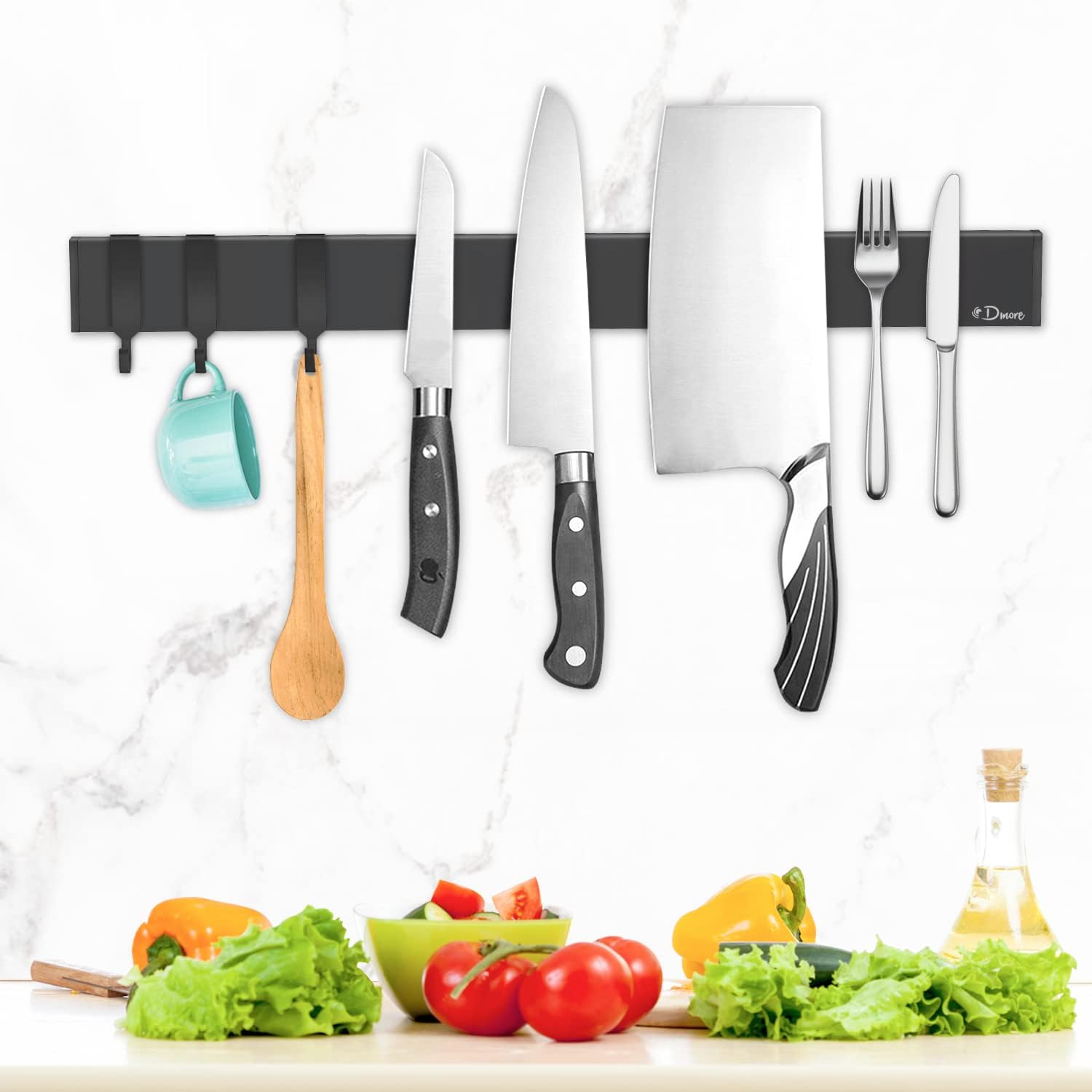 Dmore - porte couteaux aimanté, 40cm, 3 crochets, fixation adhésive