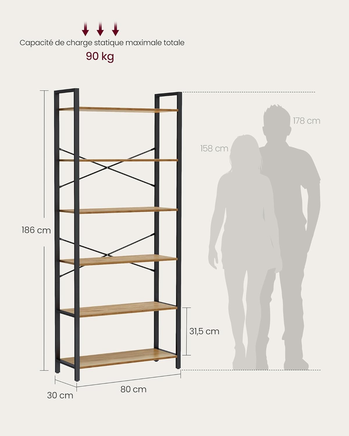 VASAGLE - étagère industrielle 6 niveaux - 30x80x186 cm - rangement robuste LLS082B48