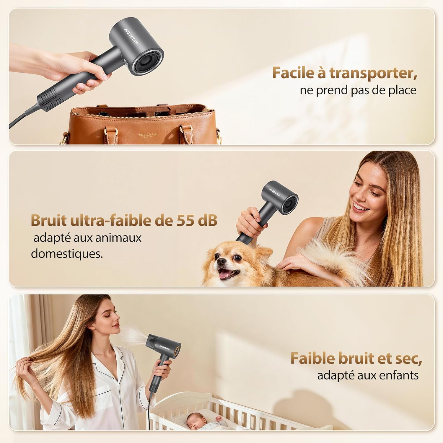 Aigostar - Sèche-cheveux BLDC léger, 450g, 200M ions, silencieux, 55dB, 110.000 tr/min