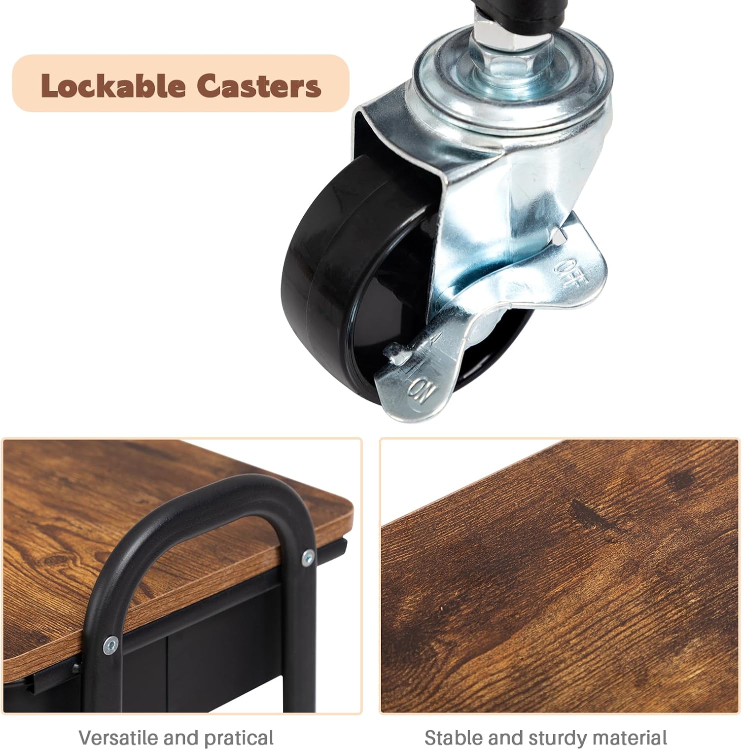 DOEWORKS - chariot 3 niveaux métal avec tiroir, roues, cuisine/bureau, noir