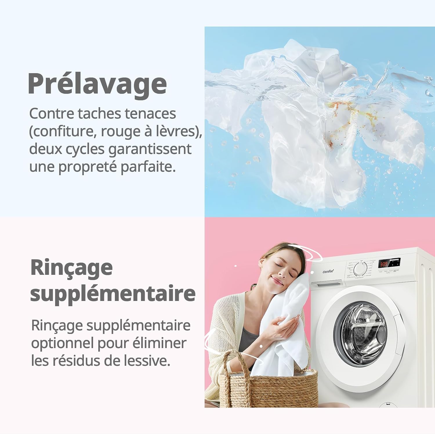 Comfee - lave-linge frontal 9kg, Classe A, BLDC 1400tr, 15 programmes, CFE12EW90-W