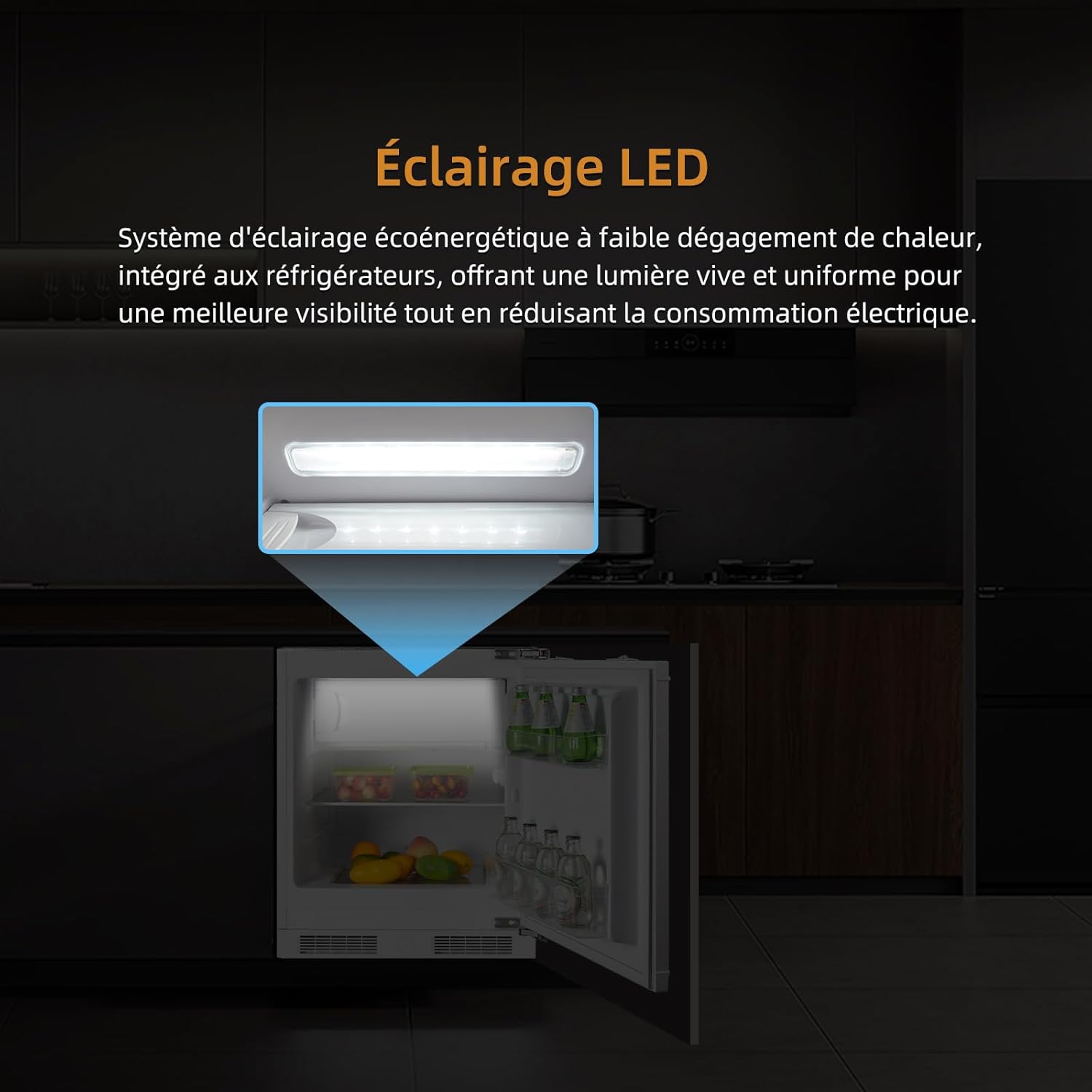 Réfrigérateur congélateur encastrable 82 cm, 96L, charnières réversibles, réglage température