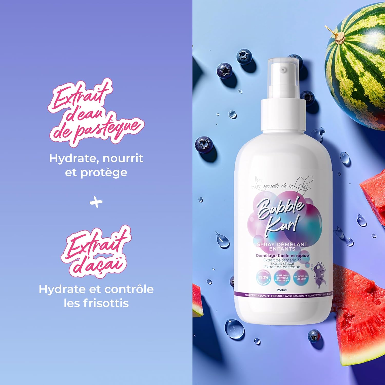 Les Secrets de Loly - Bubble Kurl - 250 ml - Spray démêlant enfants, cheveux bouclés, +99% naturel