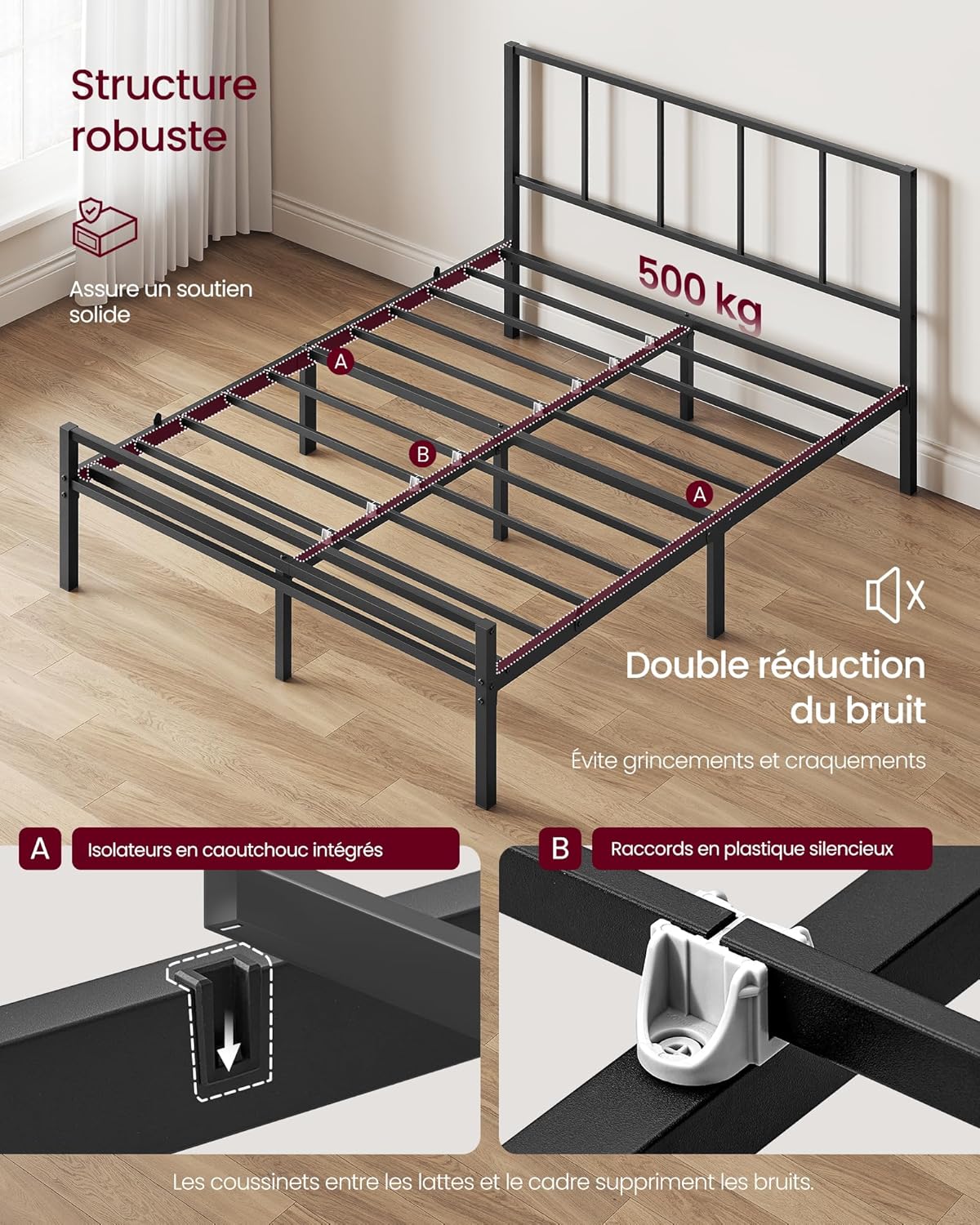 VASAGLE - RMB193BD01 - 140x190 cm - lit métal et étagères, tête de lit