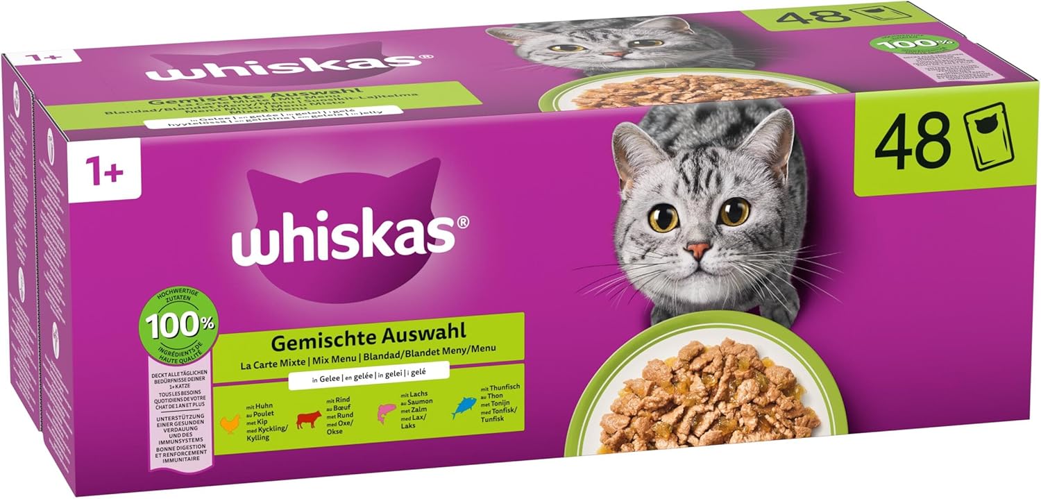 WHISKAS - Repas La Carte Mixte - 48 sachets - pâtée adulte chat stérilisé, 4 variétés
