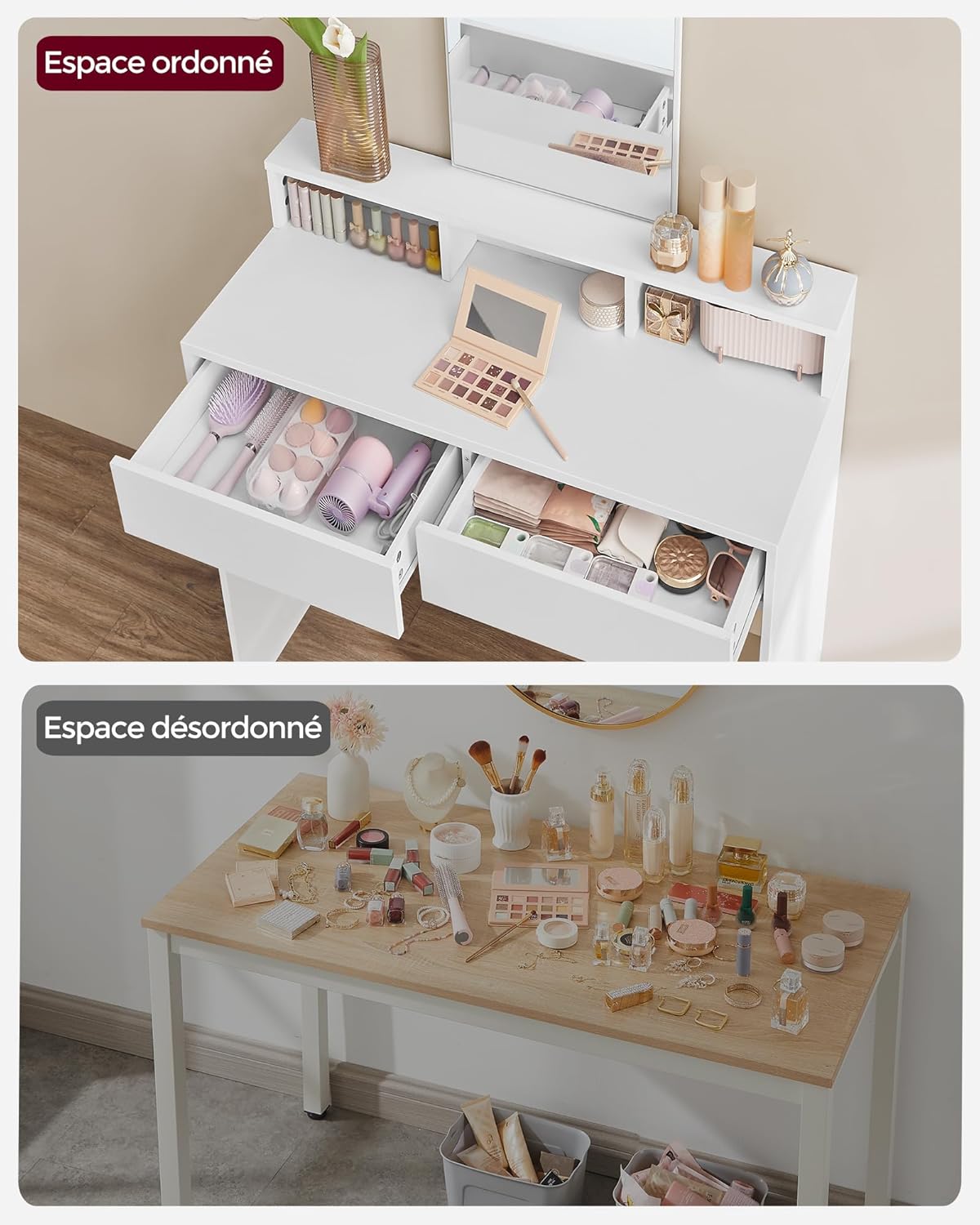 VASAGLE - Kailyn Collection - 40x80x140 cm - coiffeuse moderne, 2 tiroirs, miroir, blanc, RDT113W01