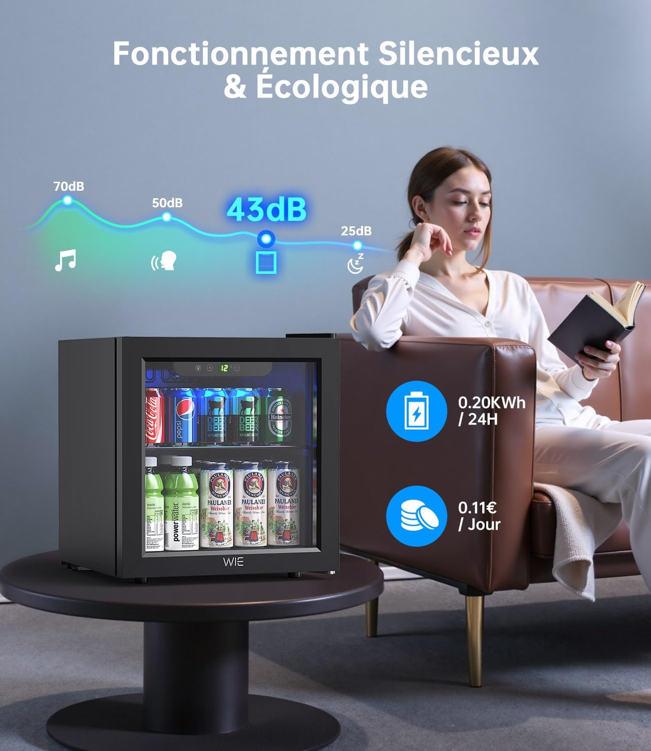 WIE - Mini Réfrigérateur 36L vitré, silencieux, 55 canettes, compact