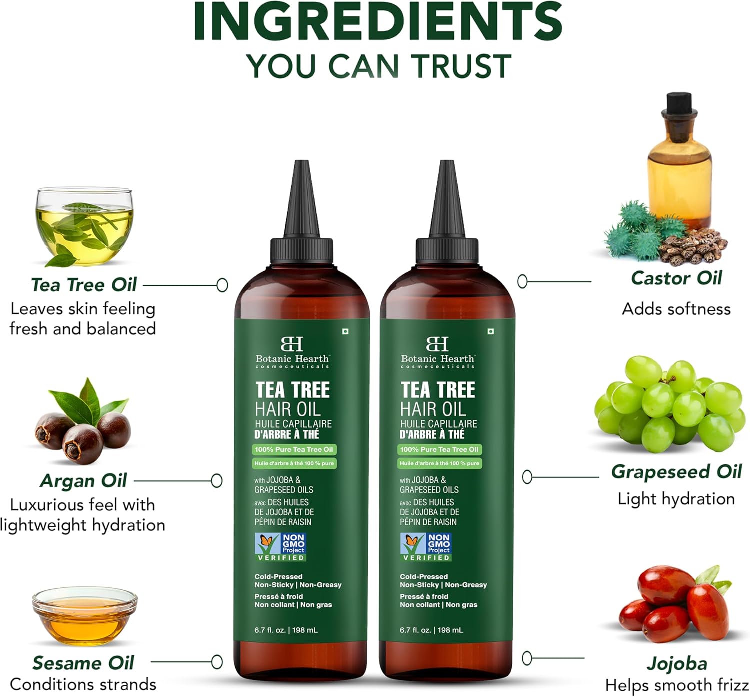 Botanic Hearth - Huile Tea Tree - 20ml x2 - Jojoba, pépins de raisin, apaisant cuir chevelu