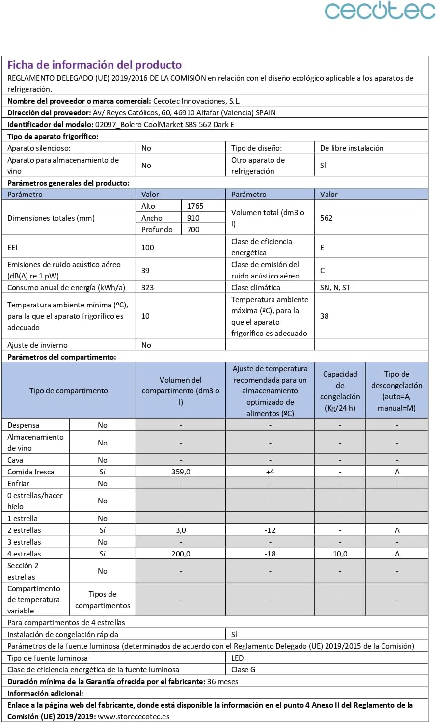 Cecotec - Bolero CoolMarket série - 562L, No Frost, classe E, fonctions rapides SBS 562 Dark E
