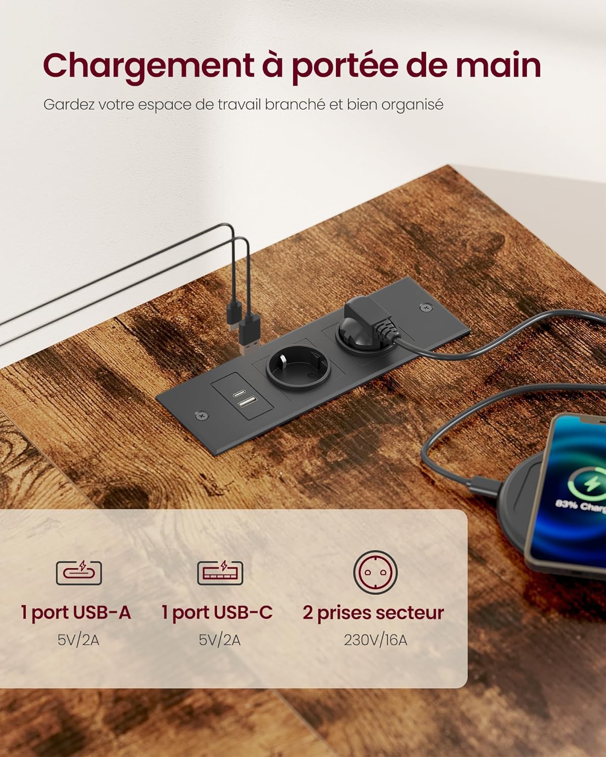 VASAGLE - Bureau Gaming Série L - 120x80cm - étagères réglables, prises USB, LWD132KD01