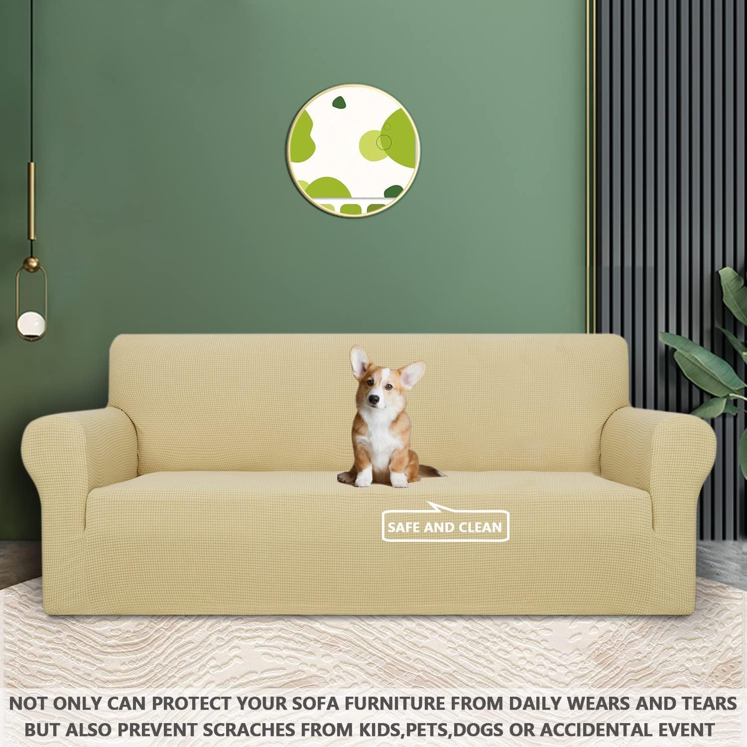 Housse canapé 2 places - extensible, beige jaune, lavable, antidérapante