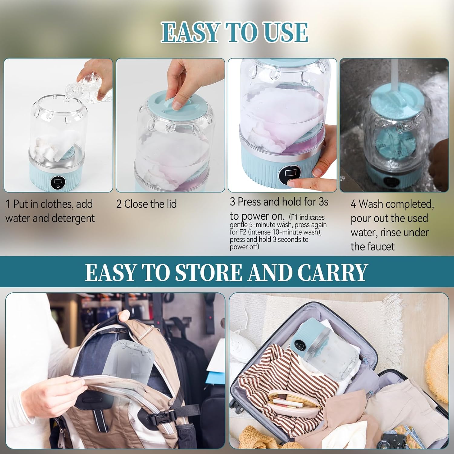 Mini machine à laver portable - 2 modes, 15W - compacte, bleue, mobile, idéale bébé et voyage