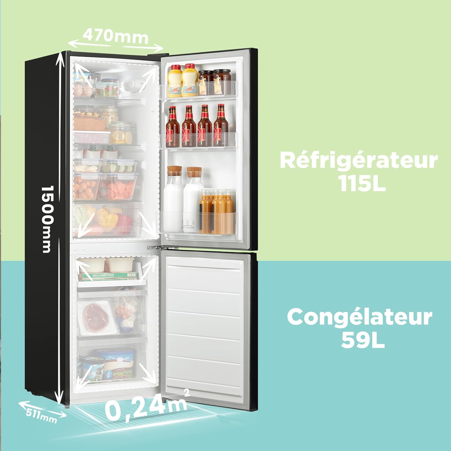 Comfee' - réfrigérateur congélateur - 150 cm - 115L/59L, Low Frost, LED, noir - RCB169DK2(E)