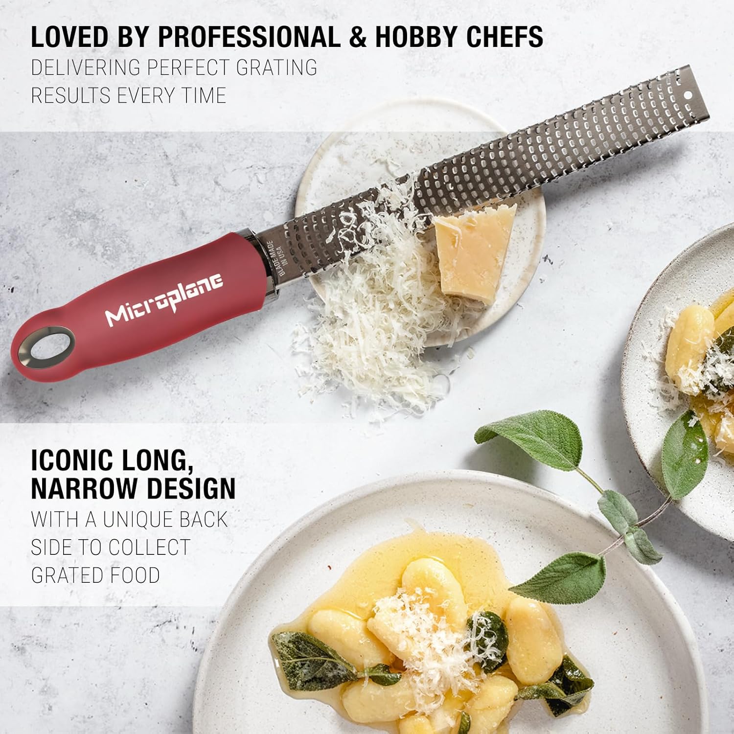 Microplane - Râpe à zesteur série fine - Rouge Grenade - Lame fine, idéale agrumes, parmesan, gingembre, chocolat - Fabr
