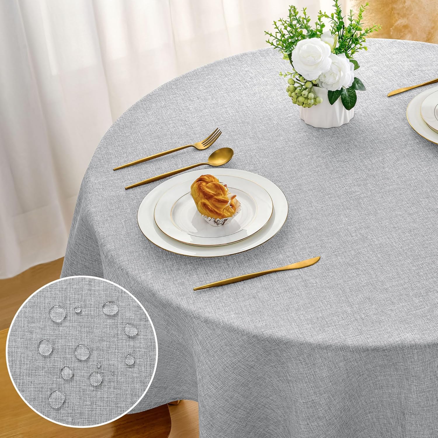 DWCN - nappe ronde effet lin - 160 cm - imperméable lavable gris