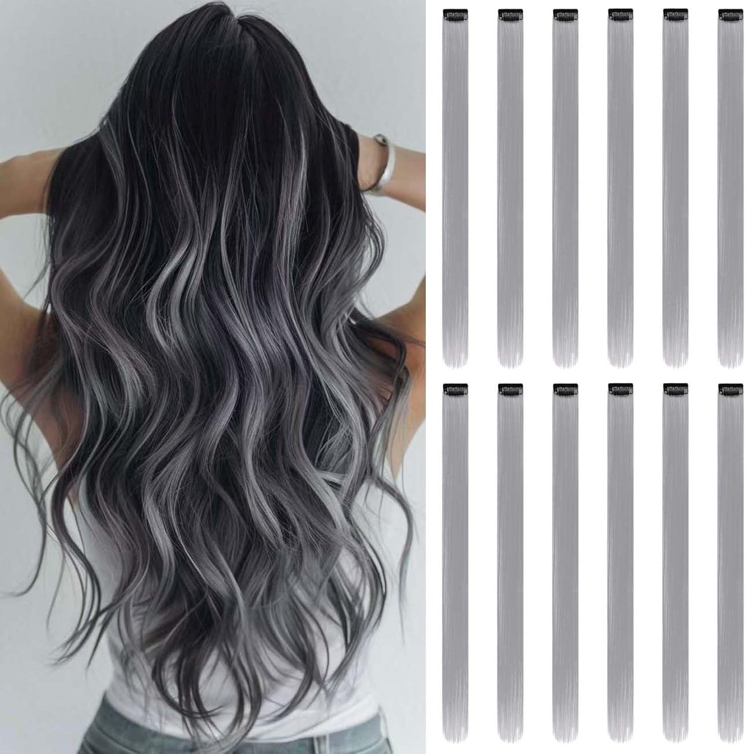 Extensions de cheveux - 12 pcs, gris, clips faciles, mèches colorées