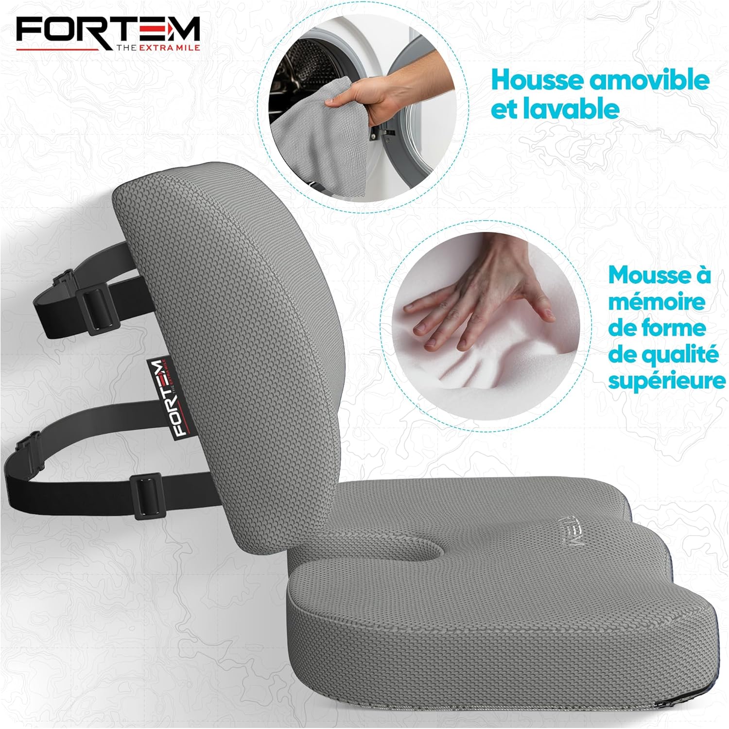 FORTEM – Coussin mémoire forme – soutien lombaire/assise – antidérapant, confort, chaise/auto