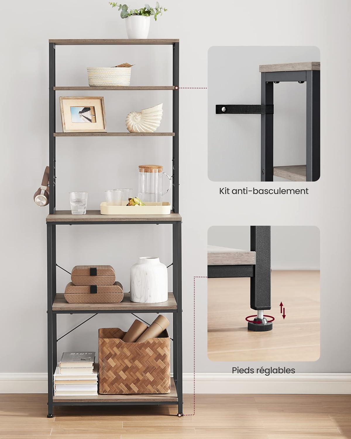 VASAGLE - étagère cuisine 40x60x167 cm, 6 niveaux, 6 crochets, acier, KKS024B02